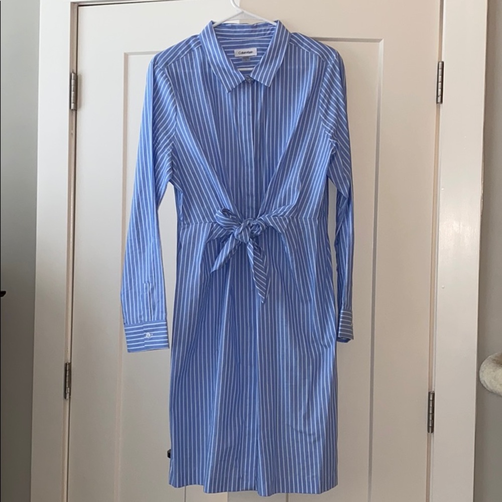 Blue and White Vertical Stripe Calvin Klein Dress